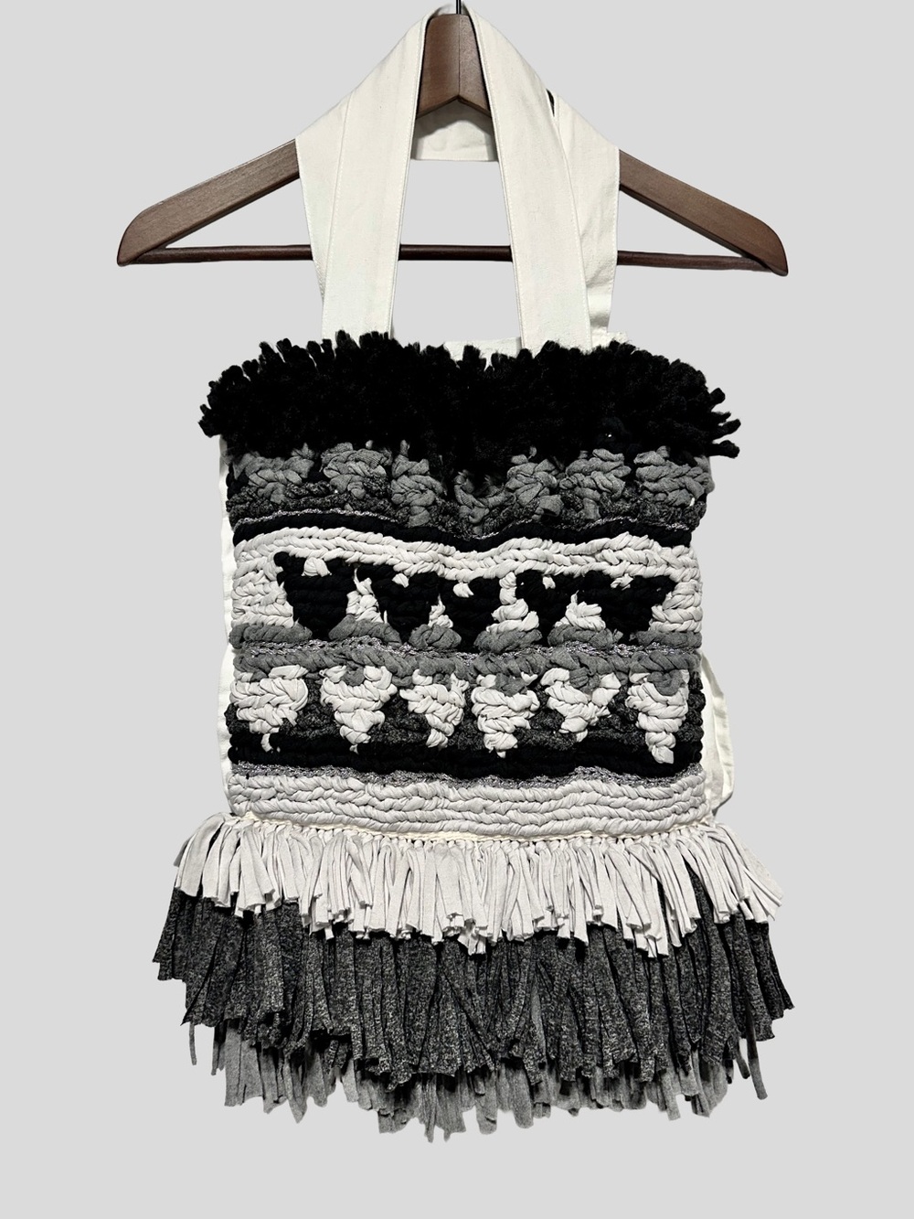 Textured Woven Fringe Tote Bag Boho Artisan Festival Black White Oversized
